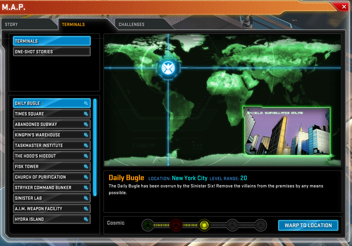 Cosmic Terminal selection screen