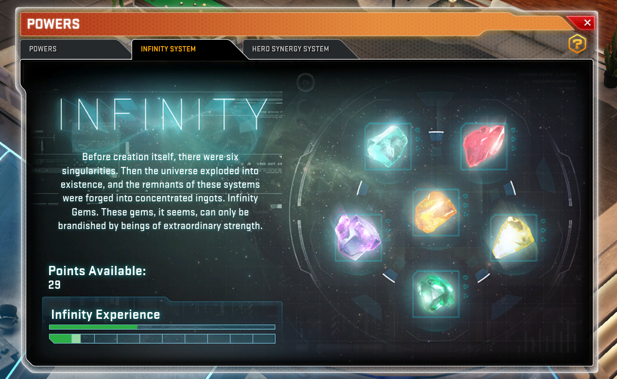 Infinity System screen showing the six Infinity Gems